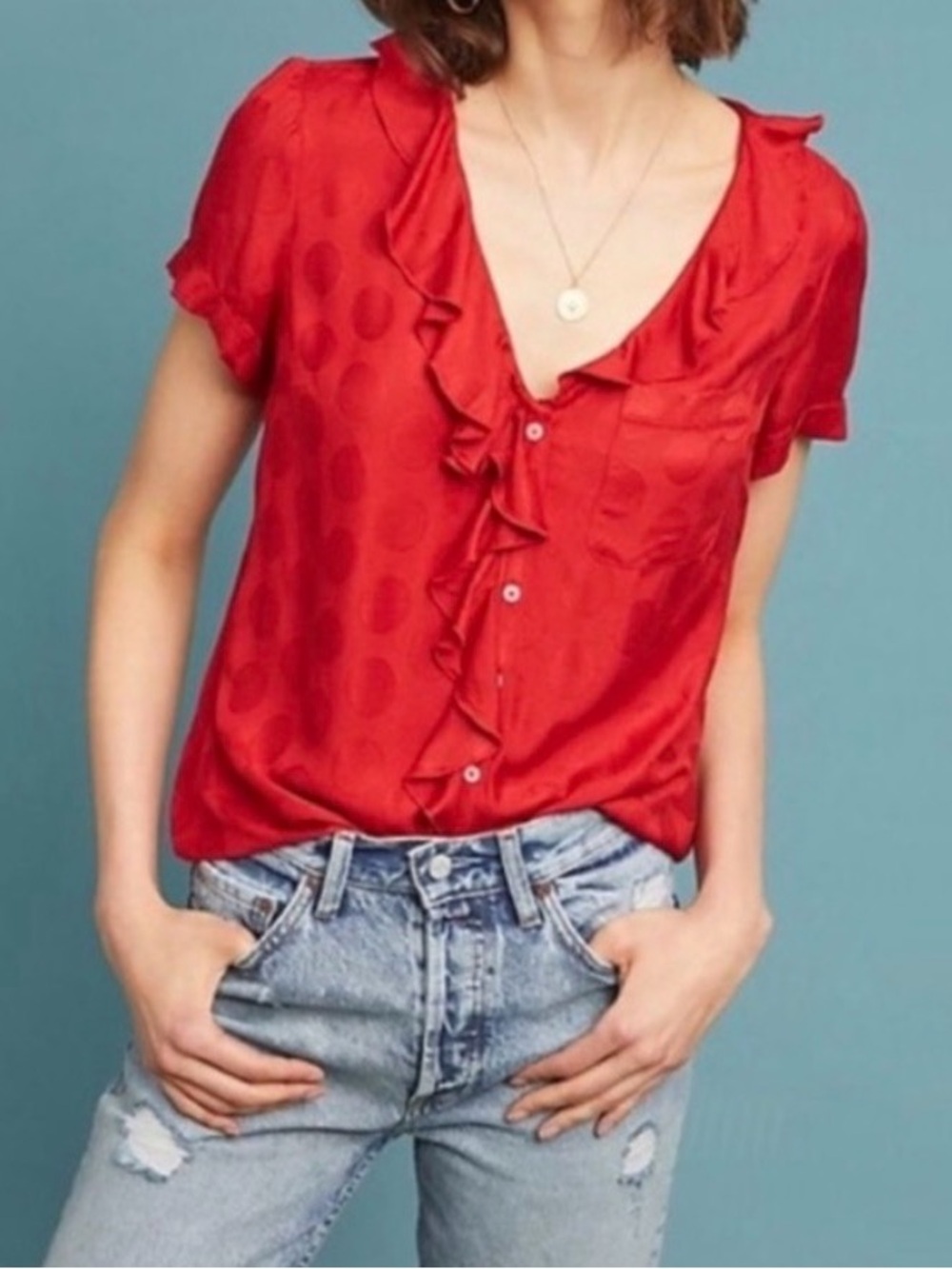 Anthropologie Red Ruffle-Front Short Sleeve Blouse